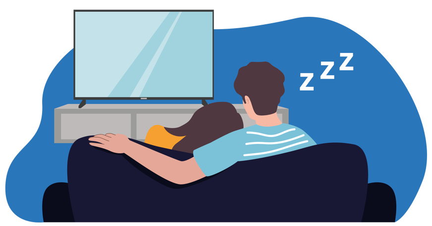 Man and woman falling asleep in front of the TV